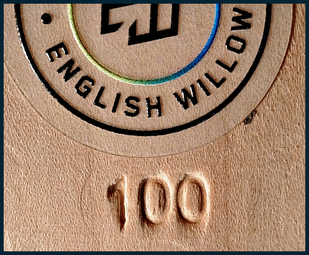 Wooden product with 'English Willow' branding and number '100' embossed on it.